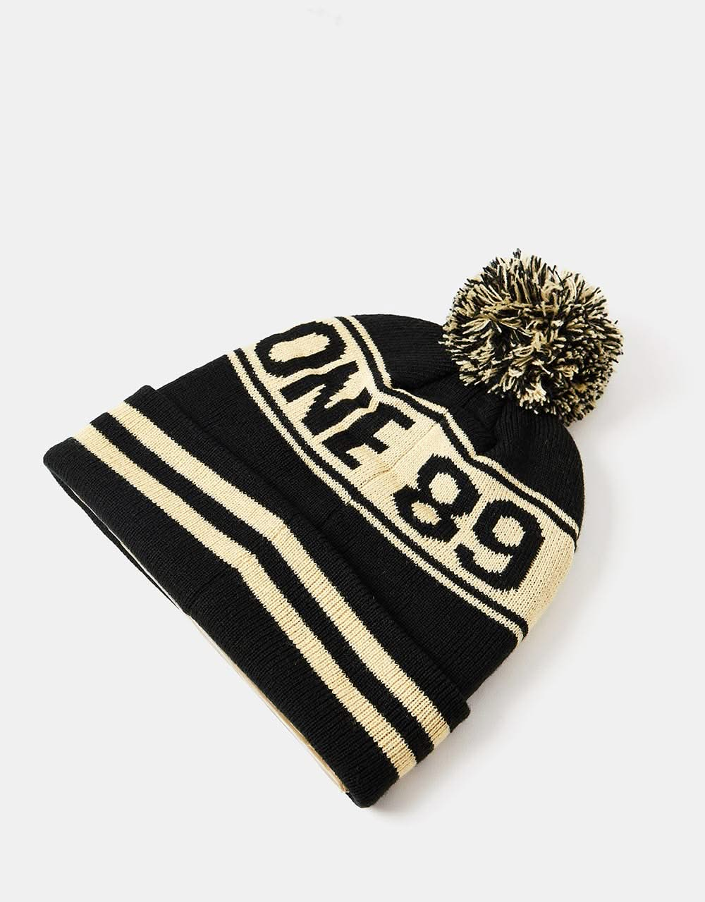 Route One Recycled Varsity Bobble Beanie - Black/Ivory Cream