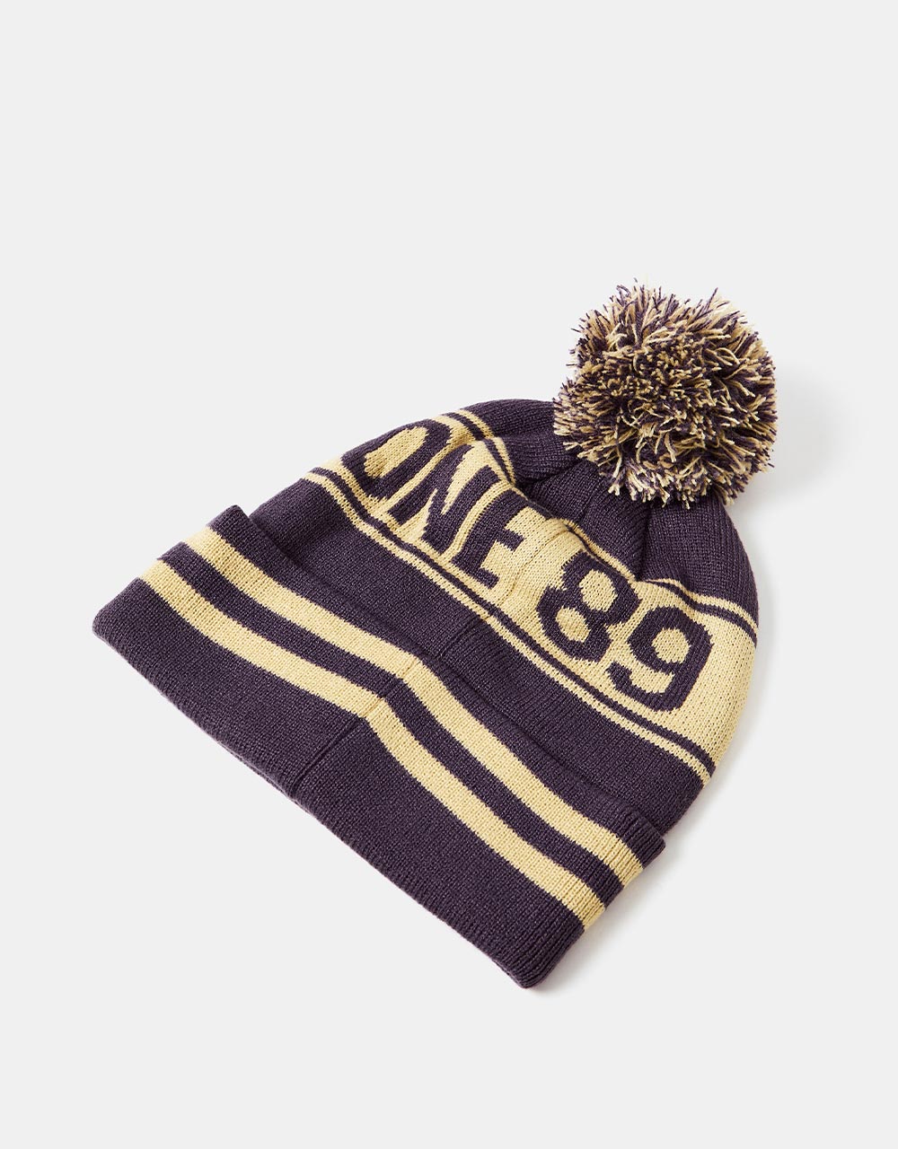 Route One Recycled  Varsity Bobble Beanie - Dove/Ivory Cream