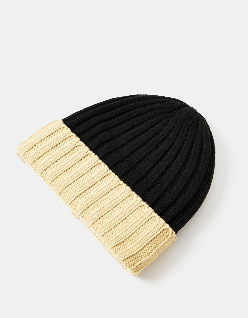 Route One Recycled Two Tone Ribbed Beanie - Black/Ivory Cream