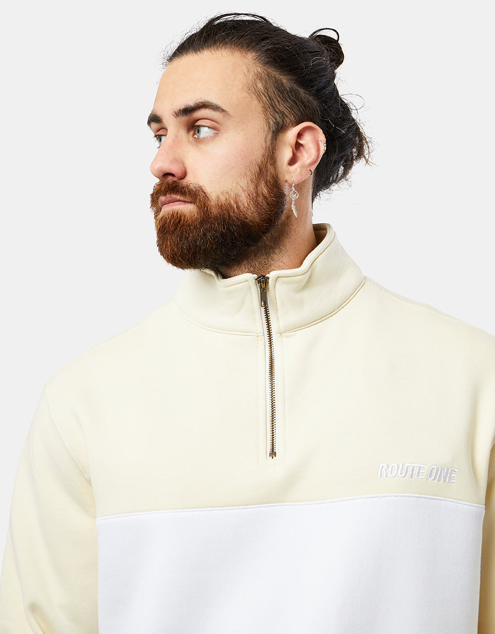 Route One Blocked 1/4 Zip Sweat - Cloud Cream/White