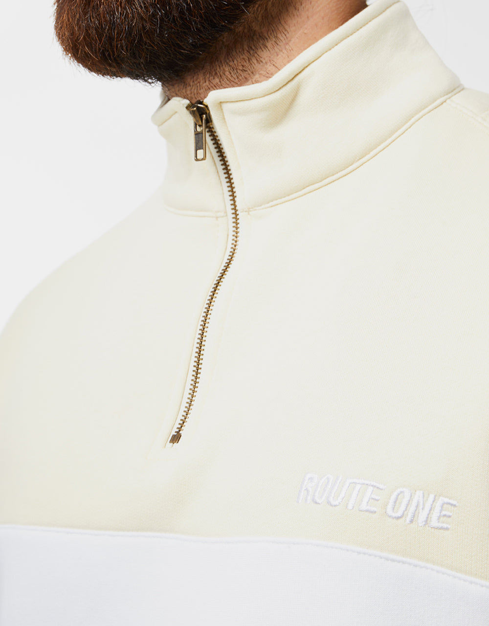 Route One Blocked 1/4 Zip Sweat - Cloud Cream/White