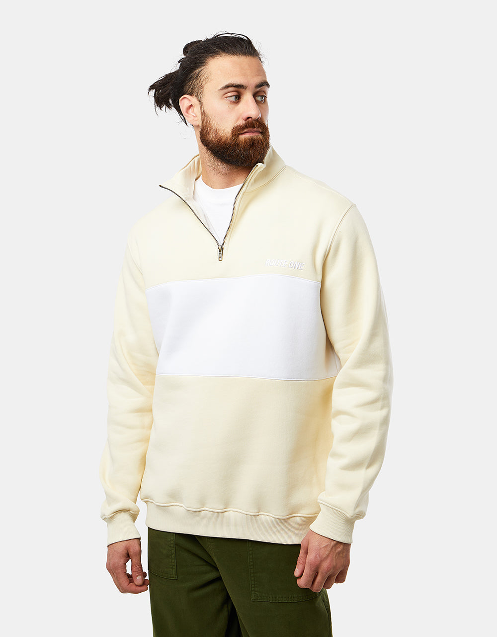 Route One Blocked 1/4 Zip Sweat - Cloud Cream/White